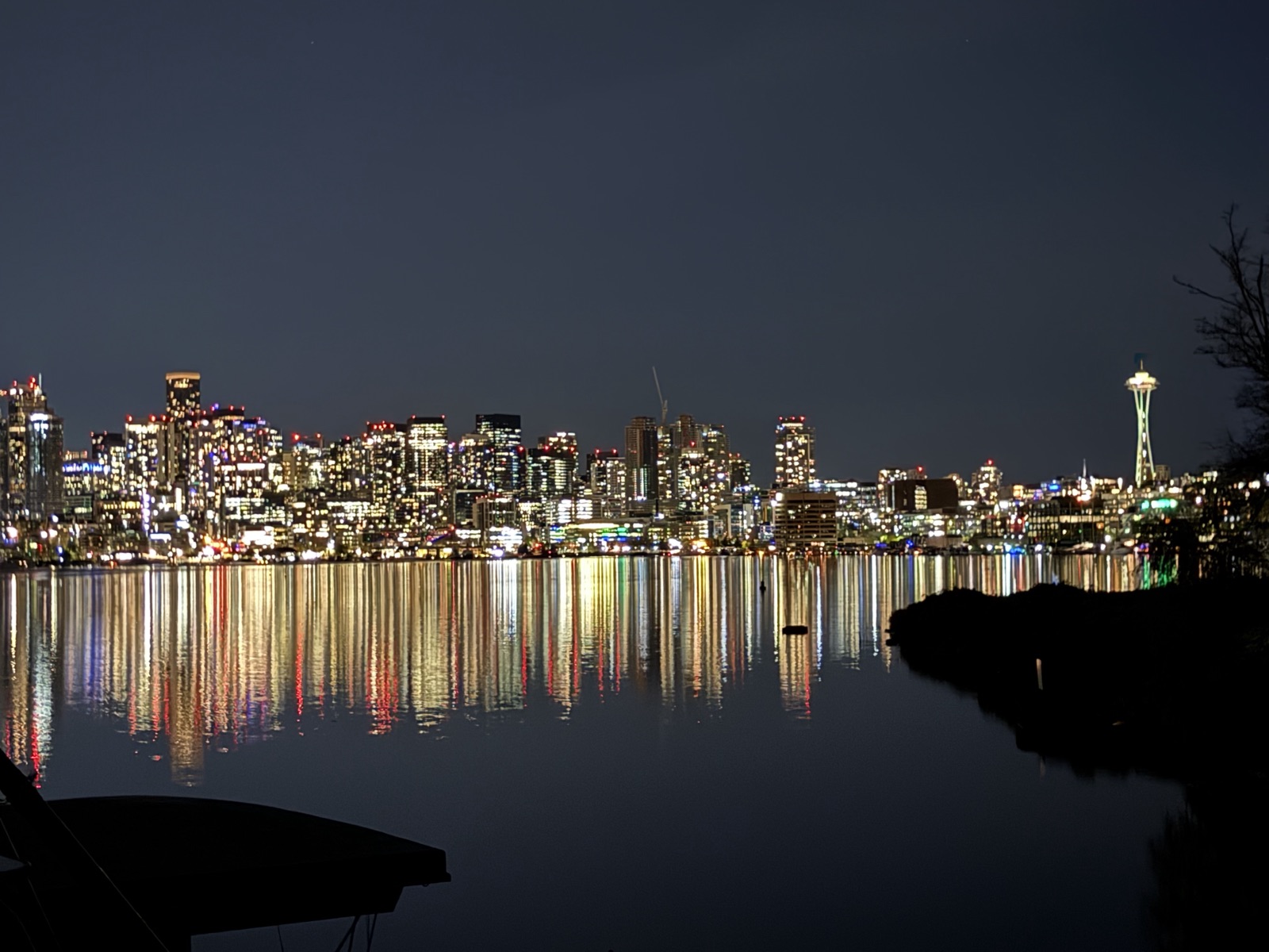 Seattle skyline at night reflected on Lake Union